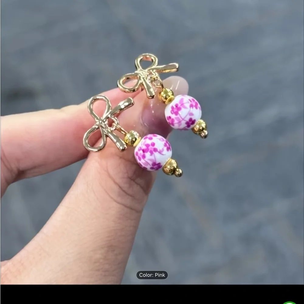 Frenchcore Gold and Pink Floral Earrings with Bows NWT